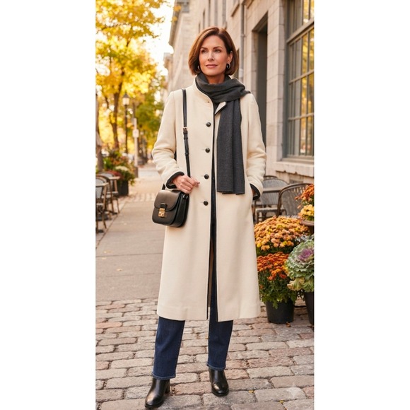Wellington Fashions Jackets & Blazers - Vintage Wellington Fashions Kaskmiracle Cream Long Coat Mock Neck Made in USA
